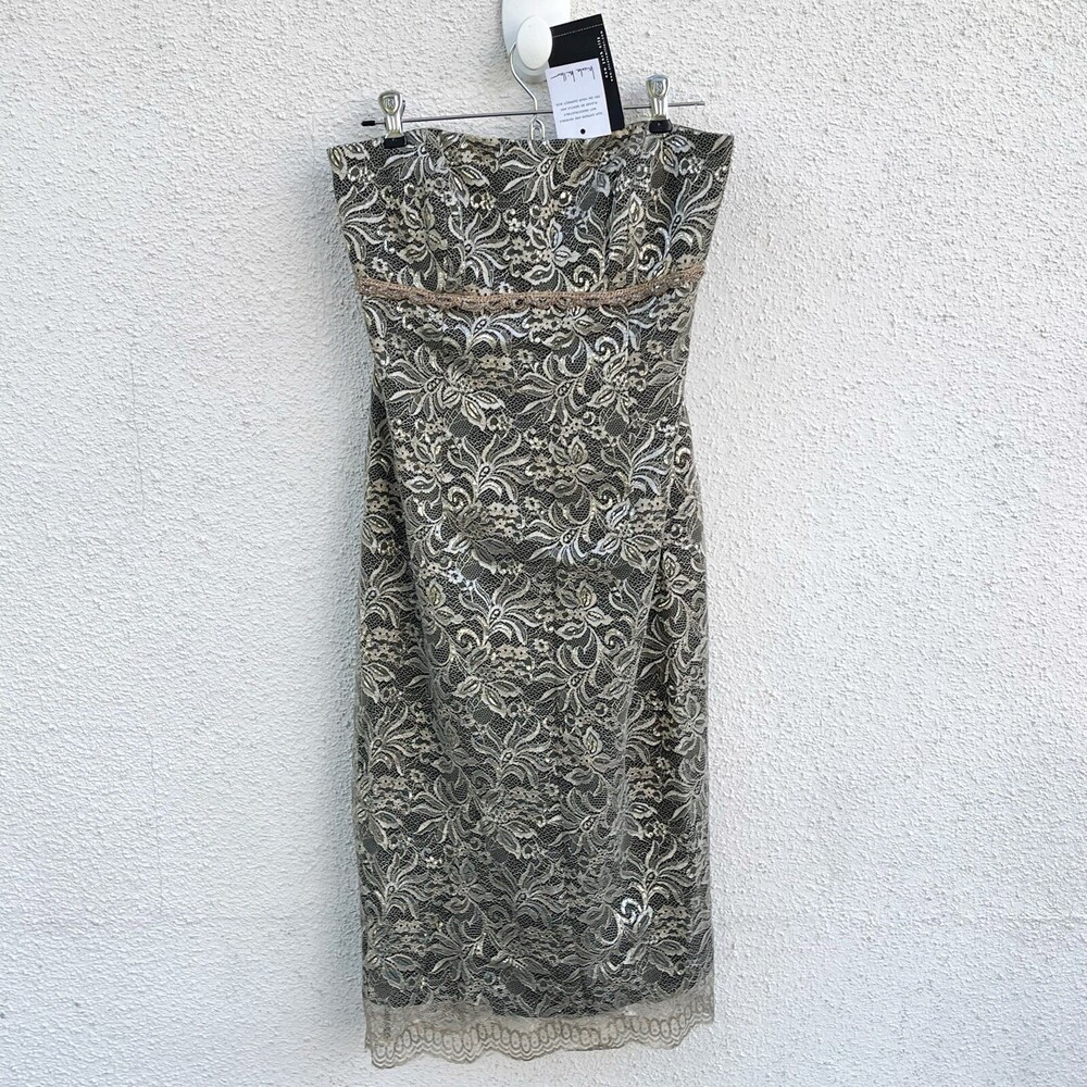 Vintage Nicole Miller Womens Floral Lace Strapless Metallic Sheath Dress Size 6